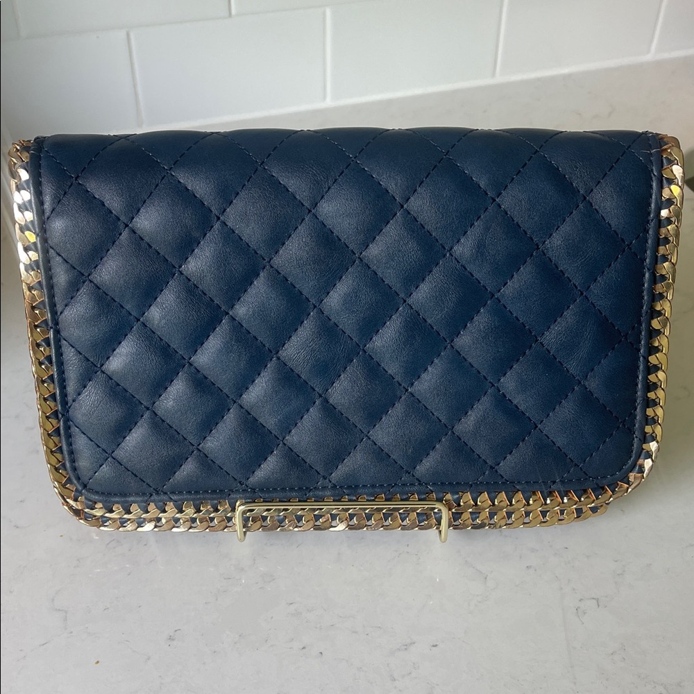 Urban Expressions Navy Quilted Clutch with Gold Chain Trim